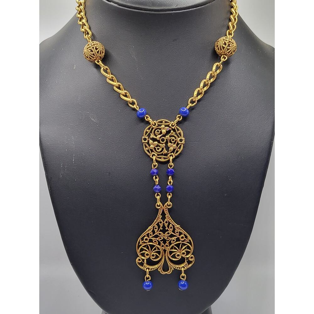 Vintage Accessocraft NYC Gold Tone Filigree Necklace Blue Beads Pendant